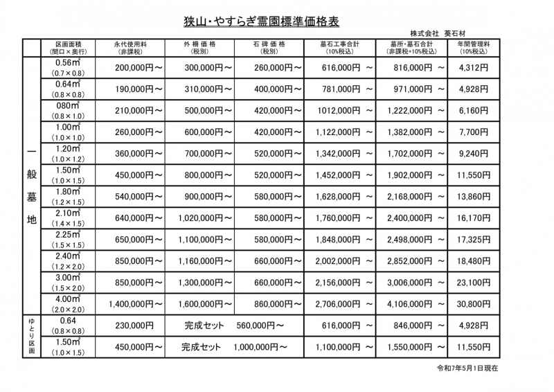 標準価格表　狭山やすらぎ　一般区画・ゆとり区画